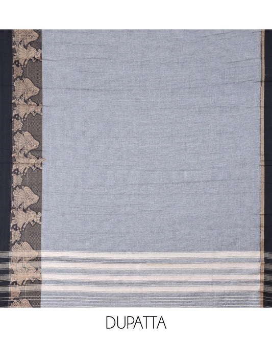 Grey Mercerised Cotton Material Churidar Features Plain Top, Contrast Thread Wedding-Themed Motif Border, Matching Bottom and Dupatta