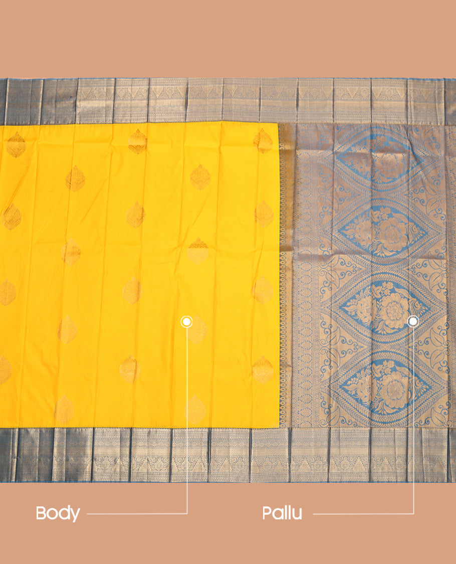 Yellow Budget Silk Saree, Sparsely Woven with Zari Buttas, Complemented by a Contrast Traditional Border, Grand Pallu, and a Contrast Blouse