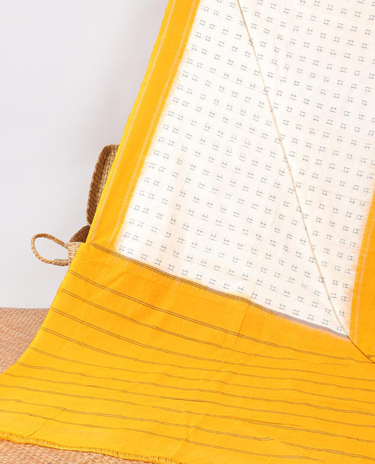 Cream checks ikkat cotton saree with contrast plain border & striped design pallu