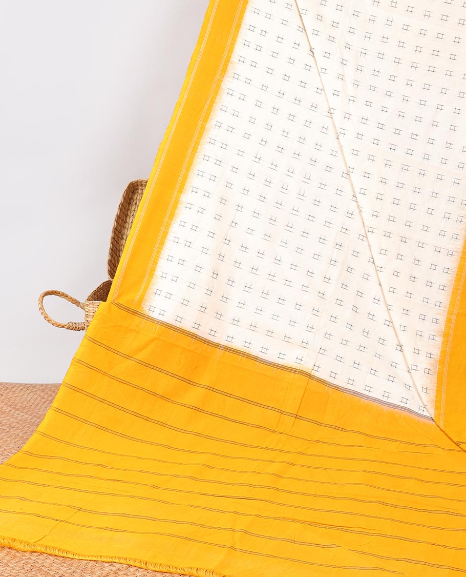 Cream checks ikkat cotton saree with contrast plain border & striped design pallu