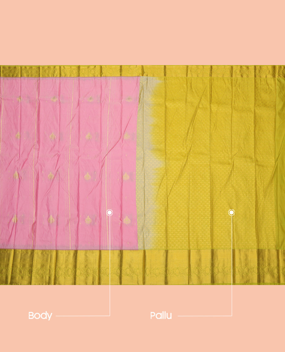 Pink Budget Silk Saree, Elevated with Zari Buttas and Stripes, a Contrast Traditional Zari Border, Grand Jaal Pallu, and a Contrast Blouse