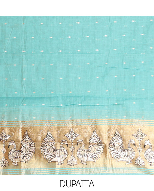 Blue Chanderi Material Chudidar, Zari Buttas and Annam Buttas Top, Matching Bottom, Annam Buttas Dupatta