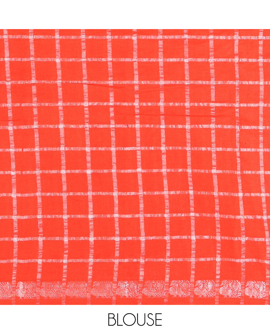 Brown zari checked sungudi cotton saree, contrast orange border of zari peacock motifs & checked peacock motif orange blouse