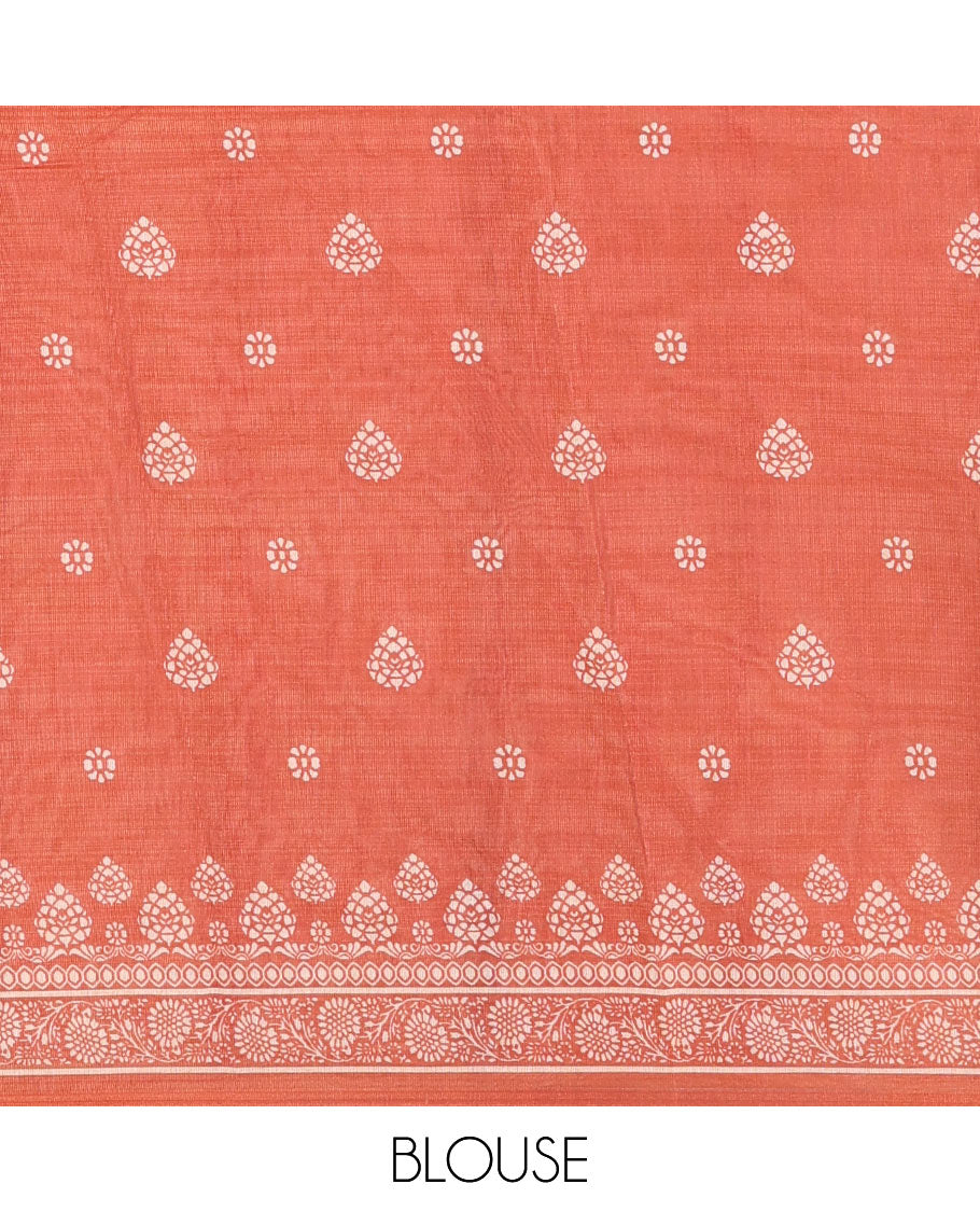 Borderless cream, colorful striped tissue saree, unique motifs printed orange color blouse
