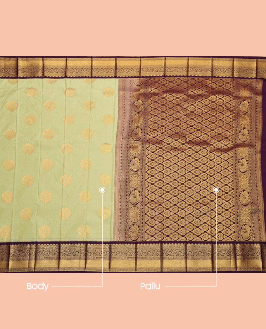 Green Budget Silk Saree, Prettified with Zari Buttas, Complemented by Contrast Traditional Zari Border, Grand Pallu and a Contrast Blouse