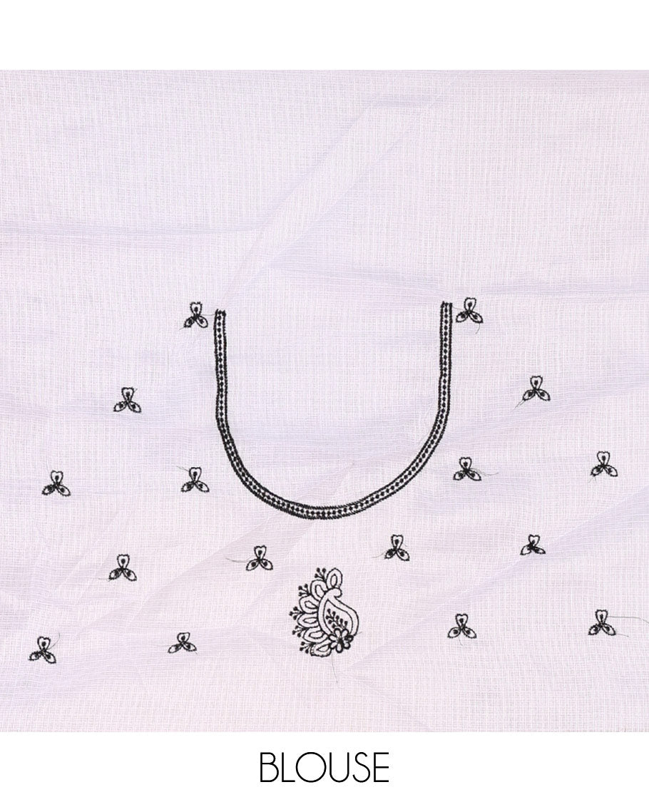 White floral-paisley embroidered kota checked saree, floral-paisley thread embroidered scallop border & matching embroidered blouse