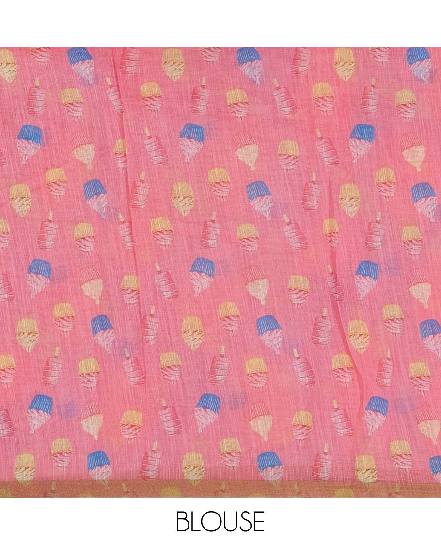Pastel blue cupcake & Ice Cream motifs printed Linen saree, piping border, contrast Cone Ice Cream motif printed pallu & pink printed blouse