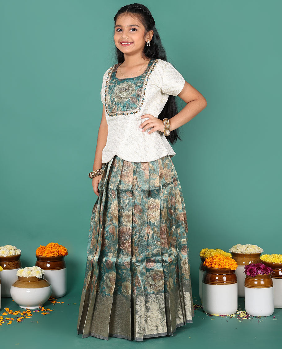 Blue readymade art silk pavadai, floral print & zari border skirt & jacquard embroidered round neck half-sleeve blouse