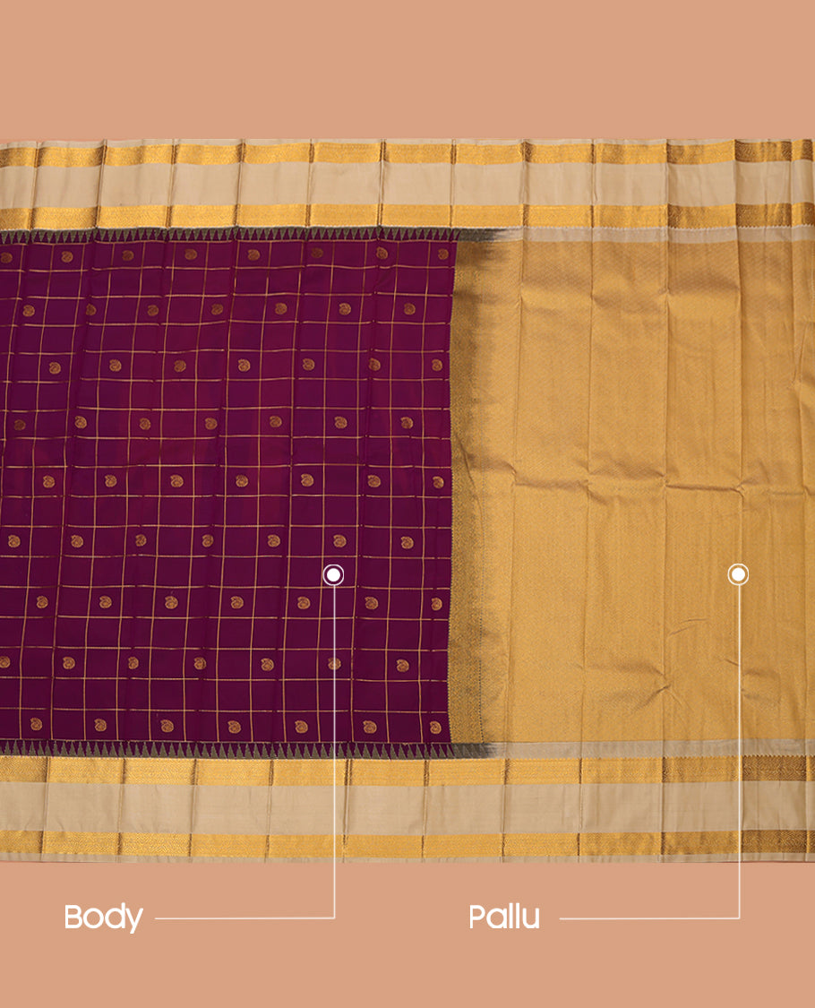 Purple Budget Silk Saree, Woven with Zari Butta Enclosed Checks, a Contrast Traditional Zari Rettai Pettu Temple Border, Grand Pallu, and a Contrast Blouse
