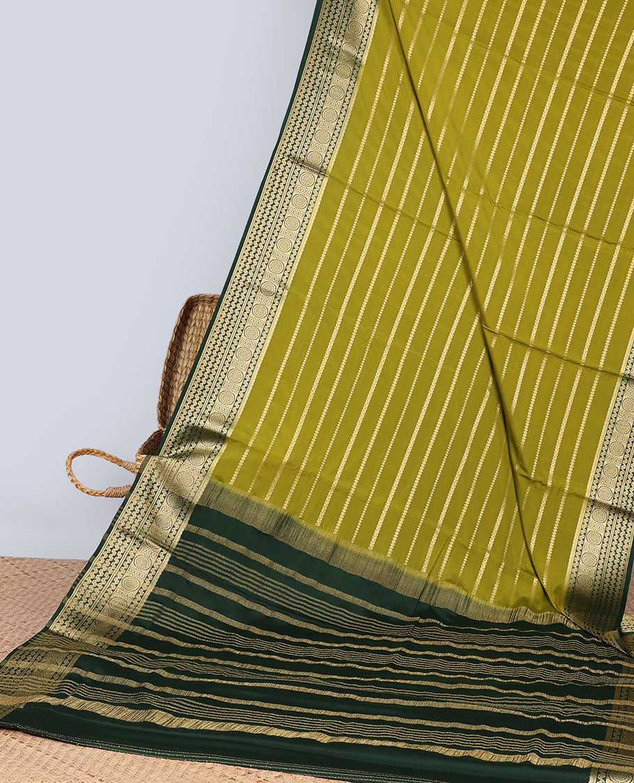Green striped zari mysore silk saree with contrast intricate zari border & striped zari pallu