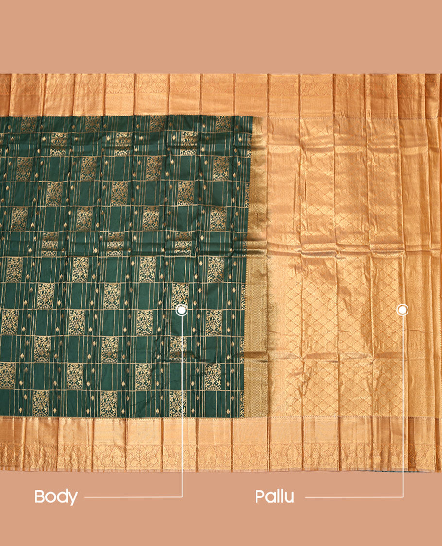 Green Budget Silk Saree, Decked Up with Zari Designs, Complemented by Contrast Traditional Zari Border, Jaal Pallu, and Contrast Blouse