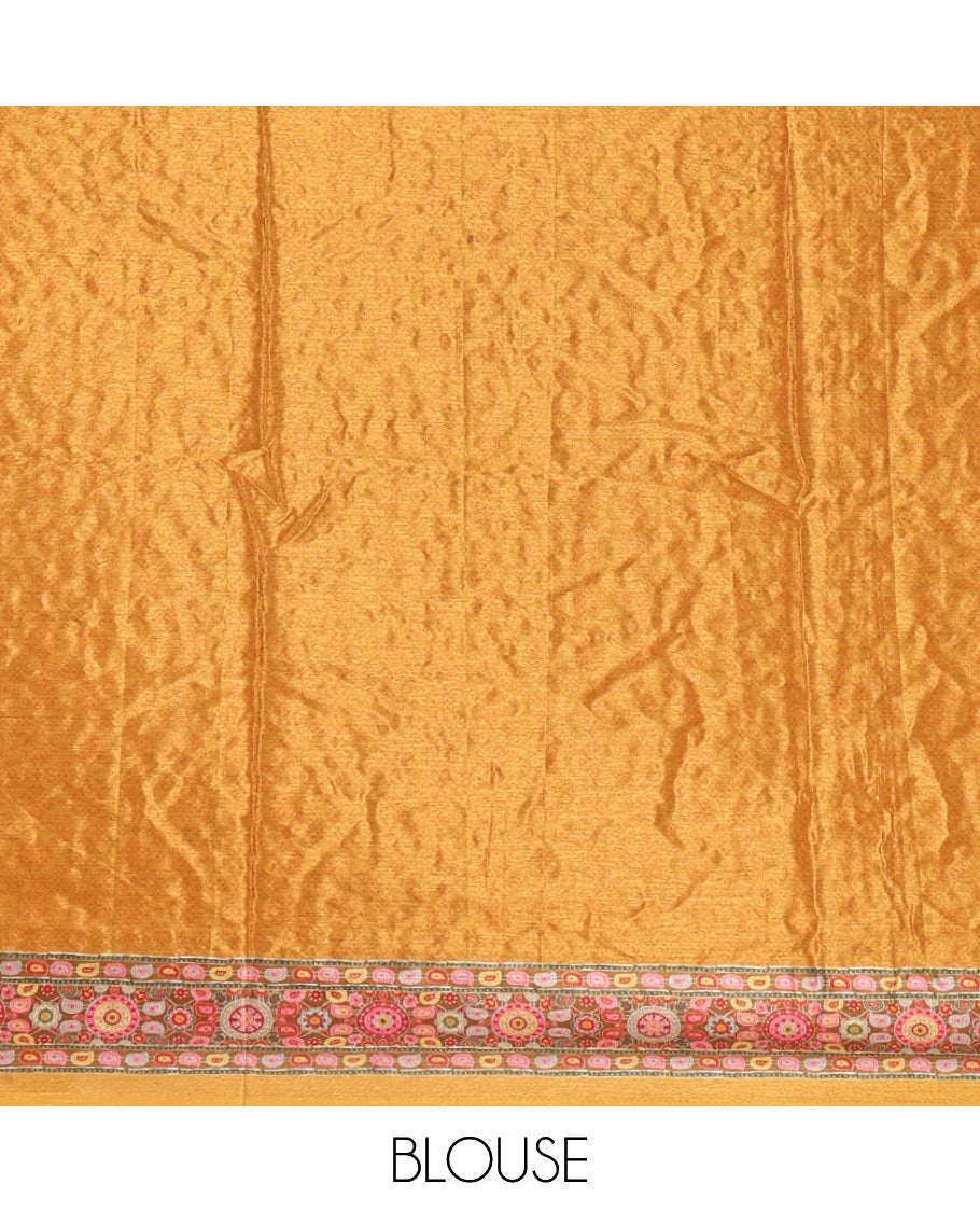 Mustard geometric patterns kaleidoscope-colored printed & mirror embroidered half-&-half masakali saree, printed border & pallu of  embroidery work & plain blouse