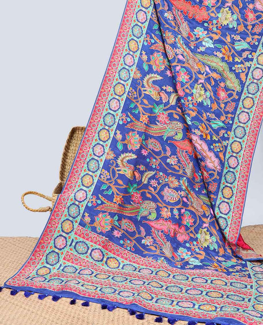 Violet floral vine design semi-banaras dola silk saree with contrast border & intricate design pallu
