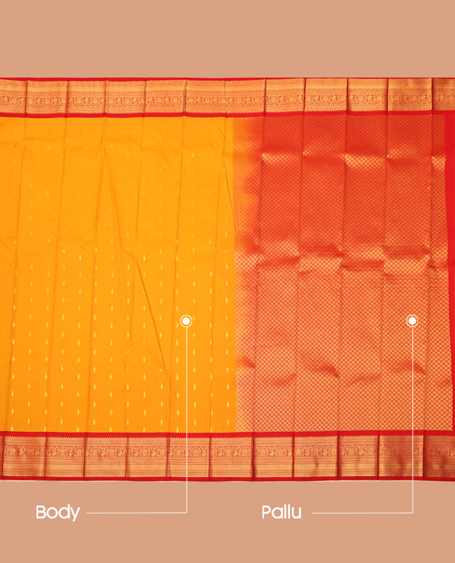 Orange Budget Silk Saree, Crafted with Zari Buttas All Over Its Body, Complemented by a Contrast Traditional Zari Design Border, Grand Jaal Pallu, and Paired with a Contrast Blouse
