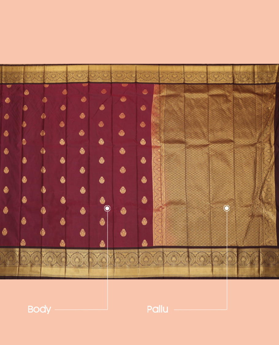 Maroon Budget Silk Saree, Ornamented with Zari Buttas, a Contrast Traditional Zari Border, a Grand Pallu and a Contrast Blouse