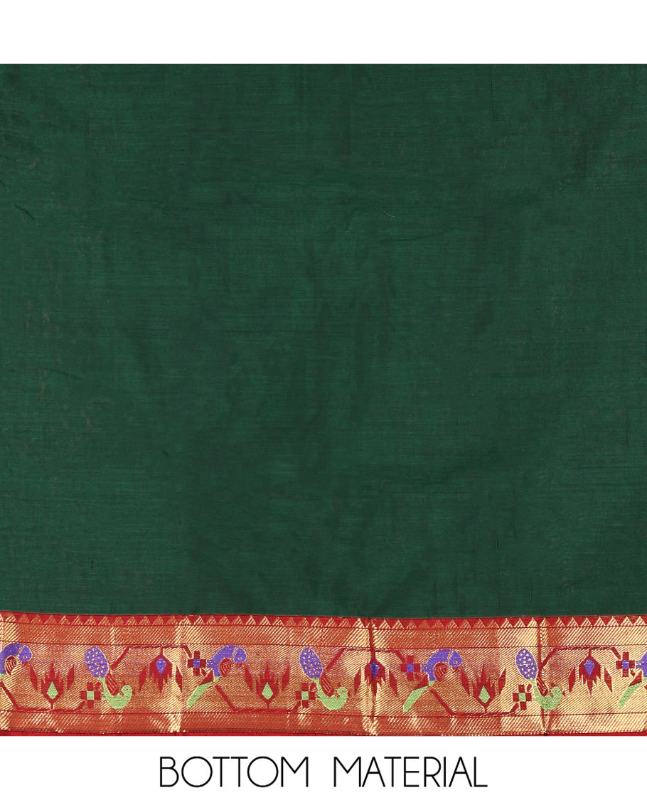 Green Mercerised Cotton Material Chudidar Set, Adorned with Paithani Bordered Top, a Mercerised Cotton Bottom, and Paired with a Matching Mercerised Cotton Paithani Bordered Dupatta