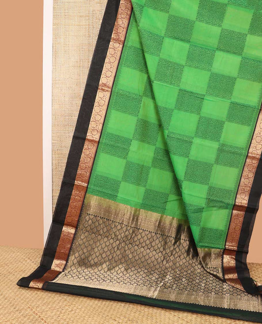 Green floral checkered design silk cotton saree with contrast zari design border & jaal design pallu