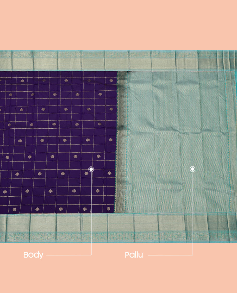 Violet Budget Silk Saree, Featuring Zari Butta Enclosed Checks on Its Body, Complemented by a Contrast Traditional Zari Design Border, Sparsely Woven Pallu, and Paired with a Contrast Blouse