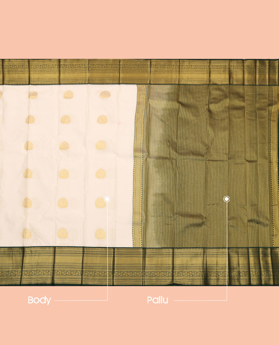Cream Budget Silk Saree, Enthralled with Zari Buttas, Complemented by a Contrast Traditional Zari Border, Pallu of Jaal Designs, and a Contrast Blouse
