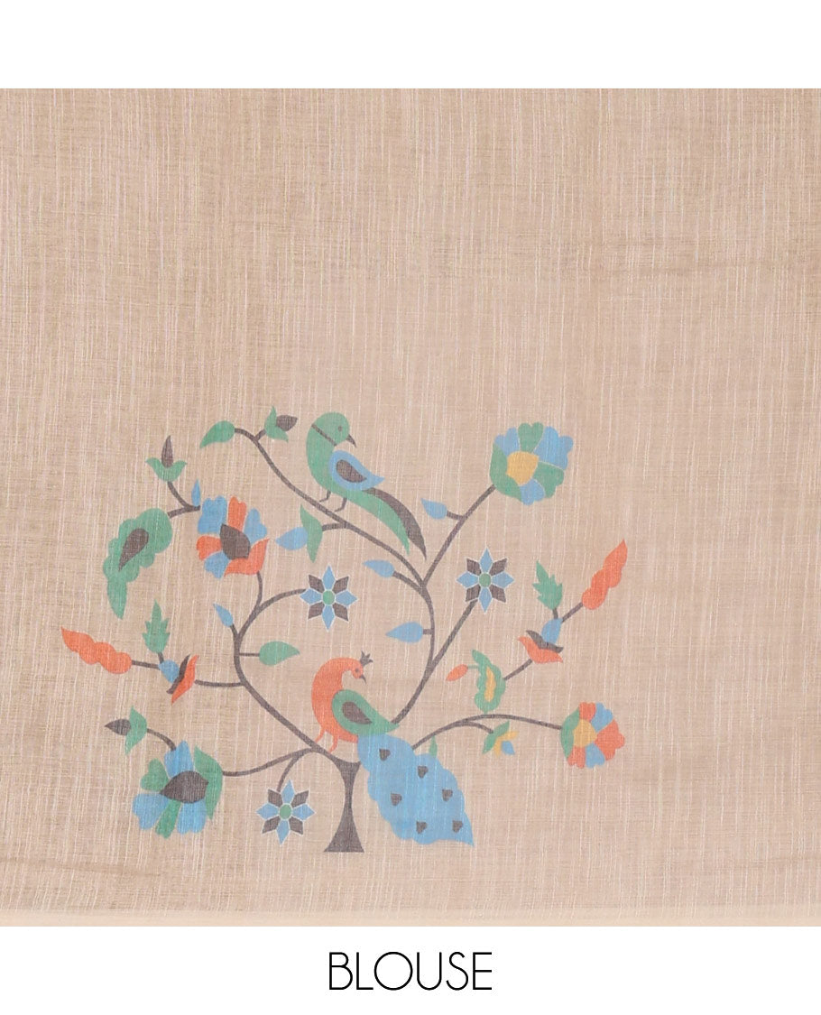 Pink small dotted buttas linen cotton saree, contrast border & pallu of paithani-style parrot, peacock, & floral vine designs