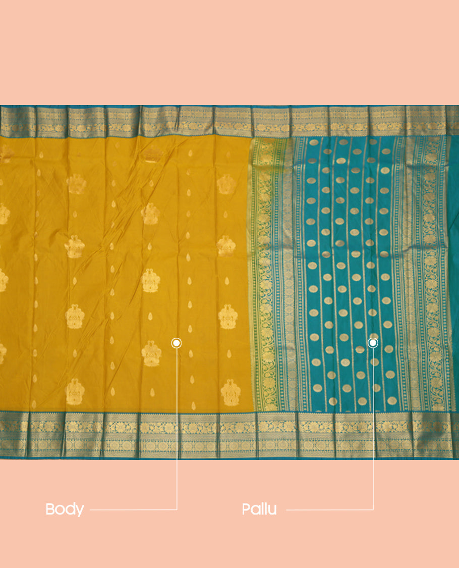 Mustard Budget Silk Saree, Decorated with Zari Buttas, Complemented by Contrast Traditional Zari Border, a Grand Pallu and a Contrast Blouse