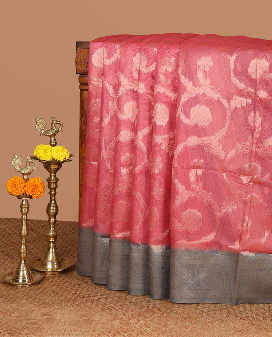Rani pink jaal zari weaving banaras brasso saree with contrast jacquard border & rich weaving pallu along with butta design blouse
