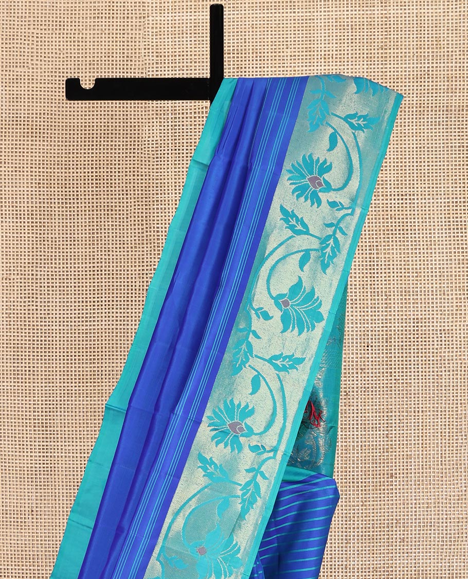 Blue Mayuri Soft Silk Saree, Woven with Stripes, Complemented by Contrast Floral Creeper Border, Floral Design Pallu, and a Contrast Blouse