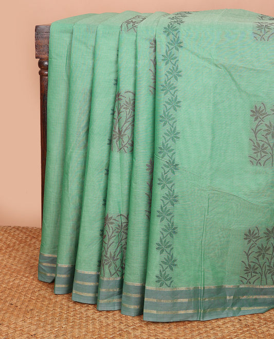 Green Combatiore cotton saree with floral buttas, contrast striped border & floral design pallu
