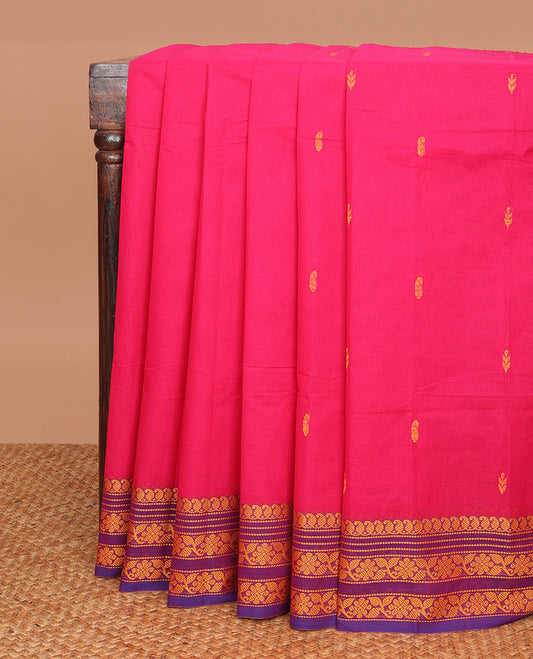 Pink thread buttas Chettinad cotton saree, thread-woven border of paisleys & floral designs, & pallu of buttas & stripes