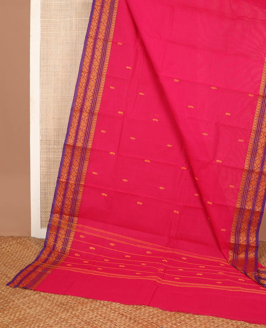 Pink thread buttas Chettinad cotton saree, thread-woven border of paisleys & floral designs, & pallu of buttas & stripes