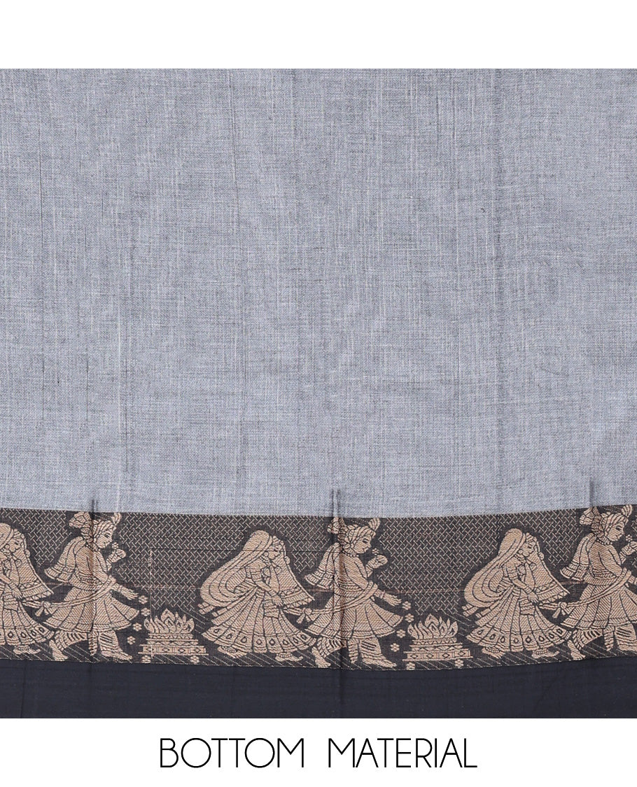 Grey Mercerised Cotton Material Churidar Features Plain Top, Contrast Thread Wedding-Themed Motif Border, Matching Bottom and Dupatta