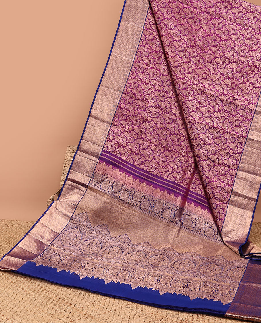 Purple floral jacquard kancheepuram silk saree with contrast checked zari border & intricate floral zari design pallu