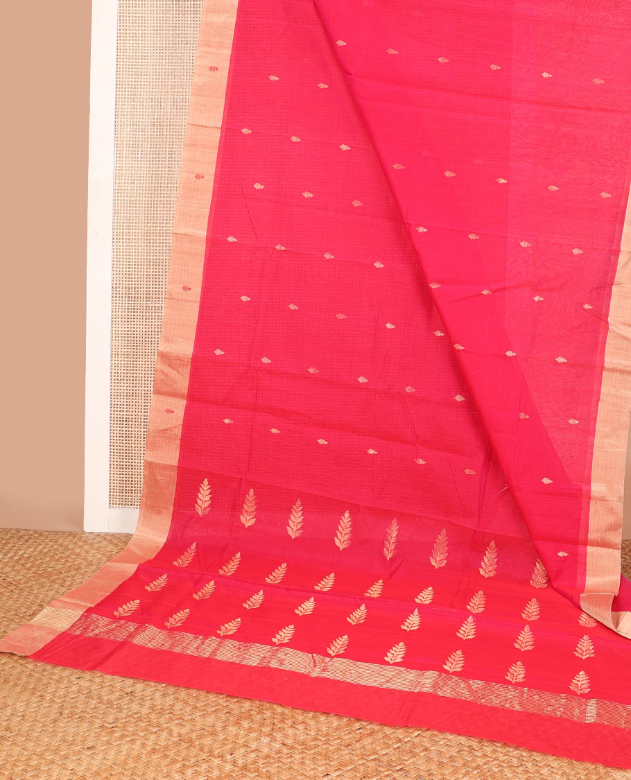 Red leaf motifs chanderi cotton saree with contrast zari border & striped pallu