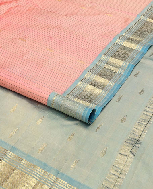 Peach striped, floral buttas kancheepuram silk saree with contrast zari design border & floral buttas pallu