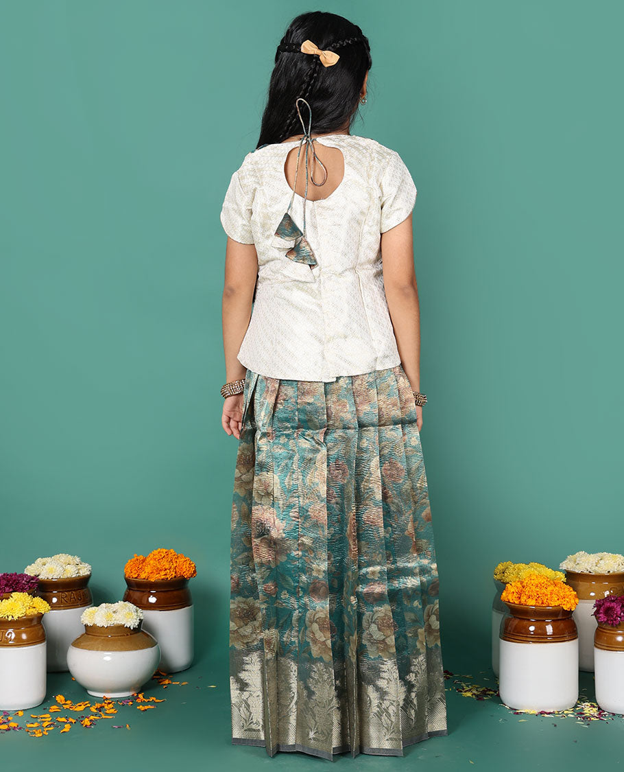 Blue readymade art silk pavadai, floral print & zari border skirt & jacquard embroidered round neck half-sleeve blouse