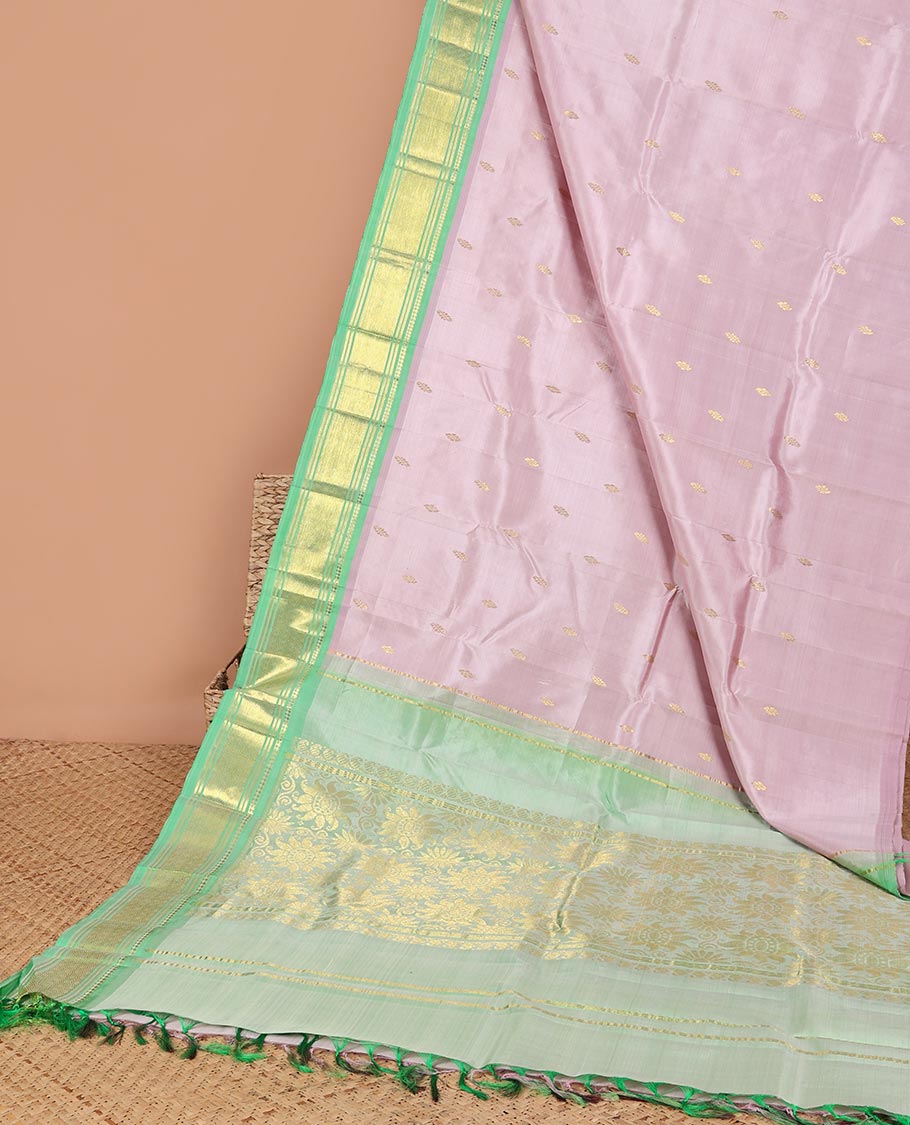 Lavender  floral buttas kancheepuram silk saree with contrast border of sombu,banaras, jaal design & zari design pallu