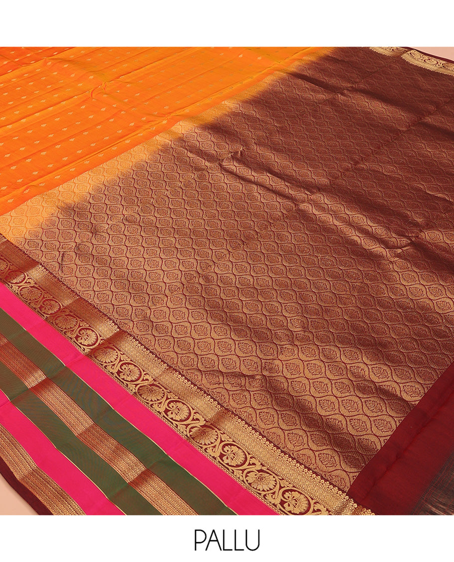 Orange Vasundhara Lite Silk Mix Saree, Accentuated with Zari Buttas, a Contrast Border of Jaal, Kodi Visiry and, Neli Designs, Grand Jaal Pallu, and a Contrast Blouse