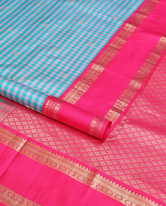 Multi-color checked, floral design silk saree with contrast rettai pettu border thilakam mokku, banaras, kuyil kann design& geometric design pallu