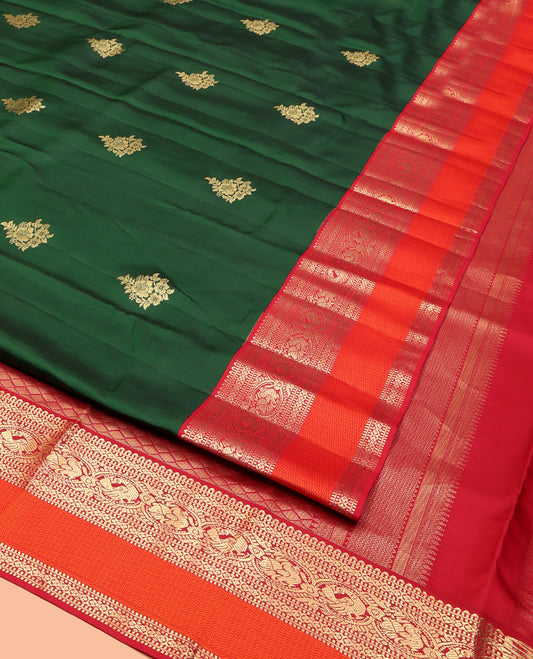 Green Vasundhara Silk Saree, Crafted with Zari Buttas, Complemented by Contrast Border Rekku, Muthu,  and Mayil Designs, Grand Pallu, and Contrast Blouse