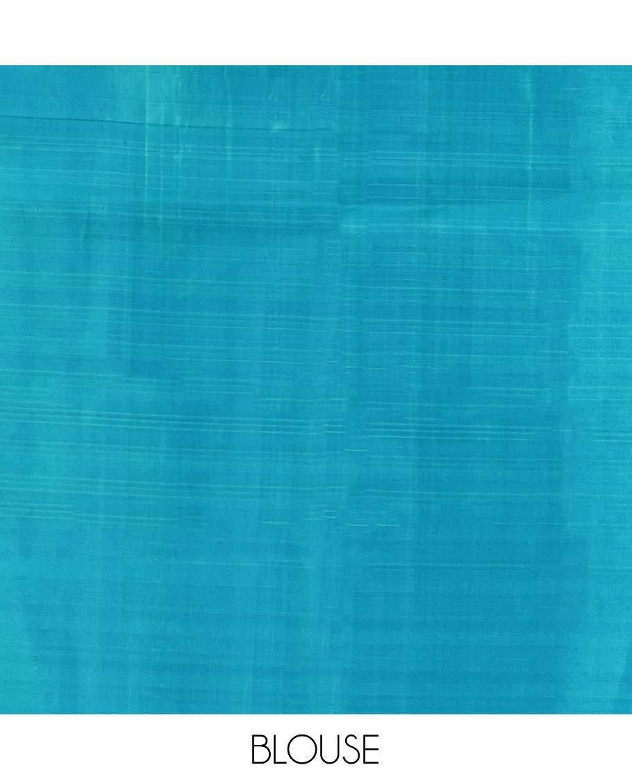 Blue Mayuri Soft Silk Saree, Woven with Stripes, Complemented by Contrast Floral Creeper Border, Floral Design Pallu, and a Contrast Blouse