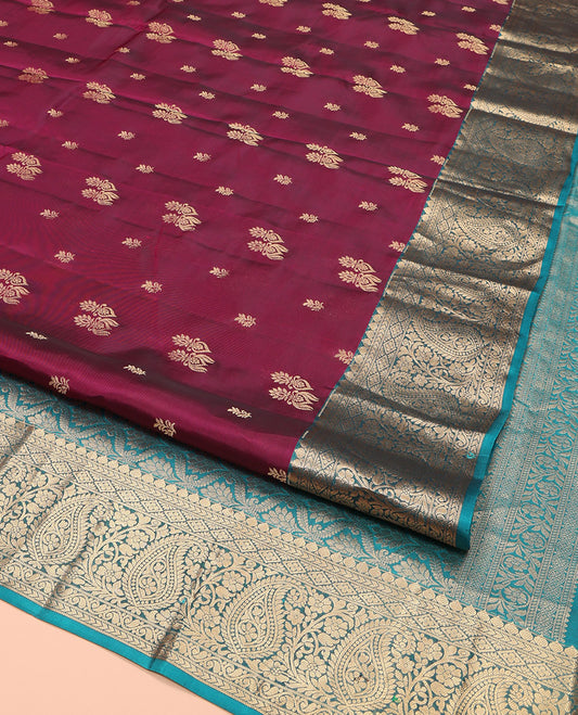Wine Vasundhara Lite Silk Mix Saree, Highlighted with Zari Buttas, Complemented by a Contrast Border of Thilakam, Kathir, Diamond, and Arumbu Manga Designs, Intricately Designed Pallu, and Paired with a Contrast Blouse