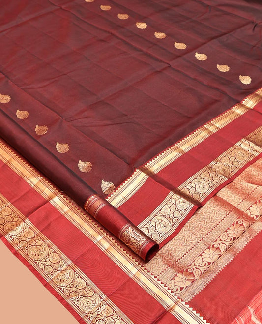 Maroon Mayuri Lite Silk Mix Saree, Finely Crafted with Zari Buttas on Its Body, Complemented by Contrast  Border of Rekku, Kathir, and Manga Designs, Contrast Pallu of Intricate Designs, and Paired with a Contrast Blouse