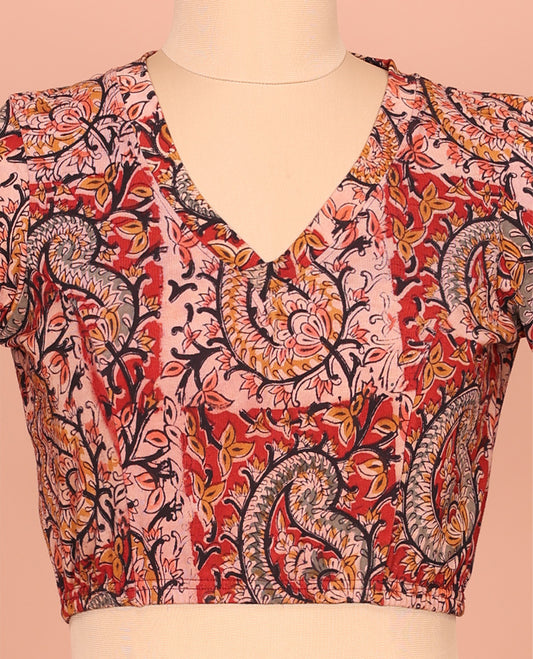 Multi-Color Cotton Readymade Blouse Elevated with All-Over Kalamkari Floral Vine Print, Front V-Neck, Back Closed Neck, and Elbow Sleeves