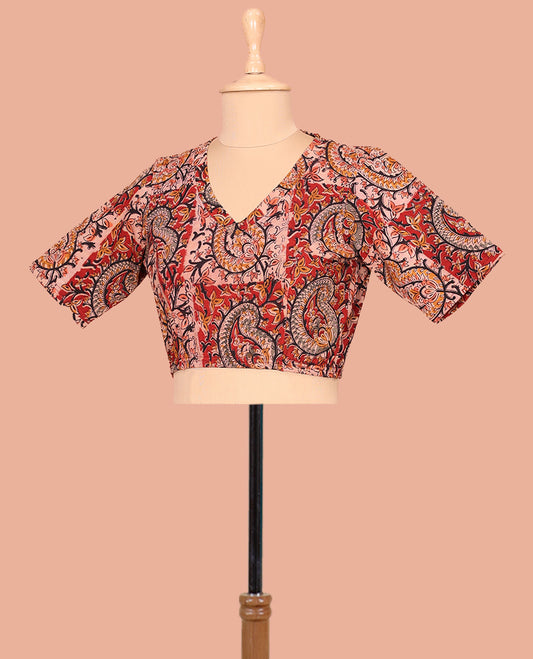 Multi-Color Cotton Readymade Blouse Elevated with All-Over Kalamkari Floral Vine Print, Front V-Neck, Back Closed Neck, and Elbow Sleeves