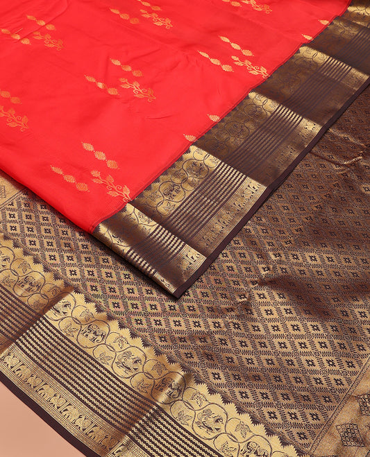 Red zari buttas Vasundhara silk mix saree, contrast border of thazampoo rekku, neli, mayil, and yaanai, and jaal pallu