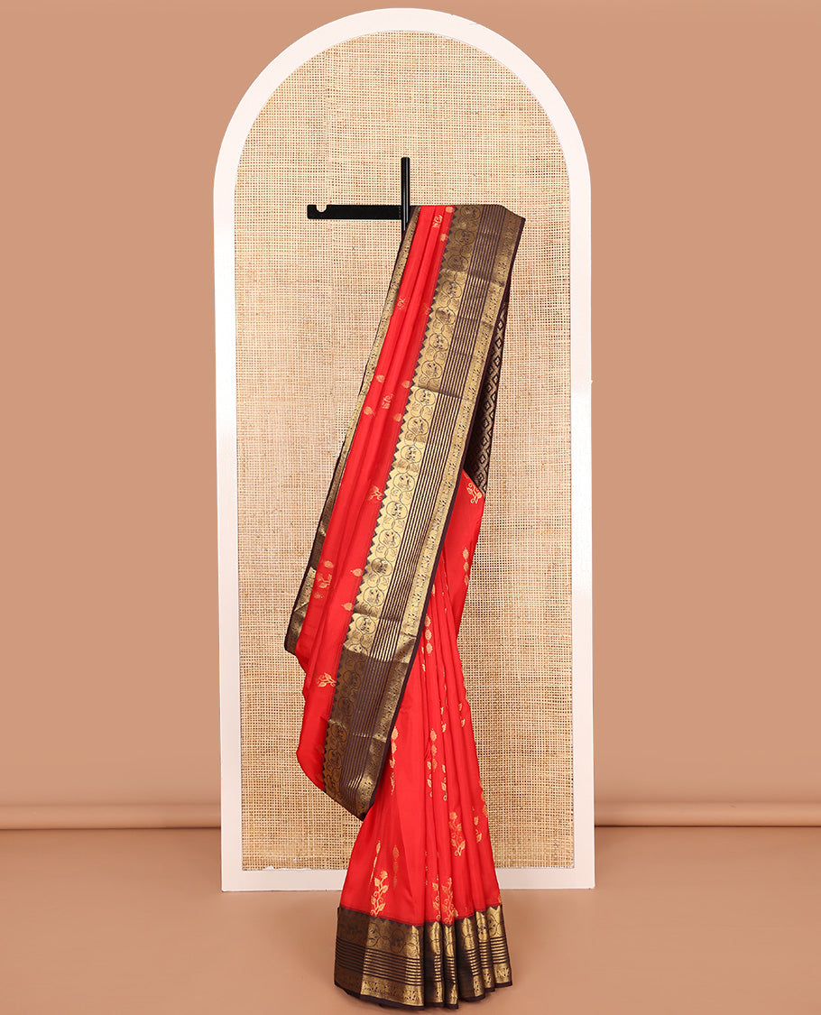 Red zari buttas Vasundhara silk mix saree, contrast border of thazampoo rekku, neli, mayil, and yaanai, and jaal pallu