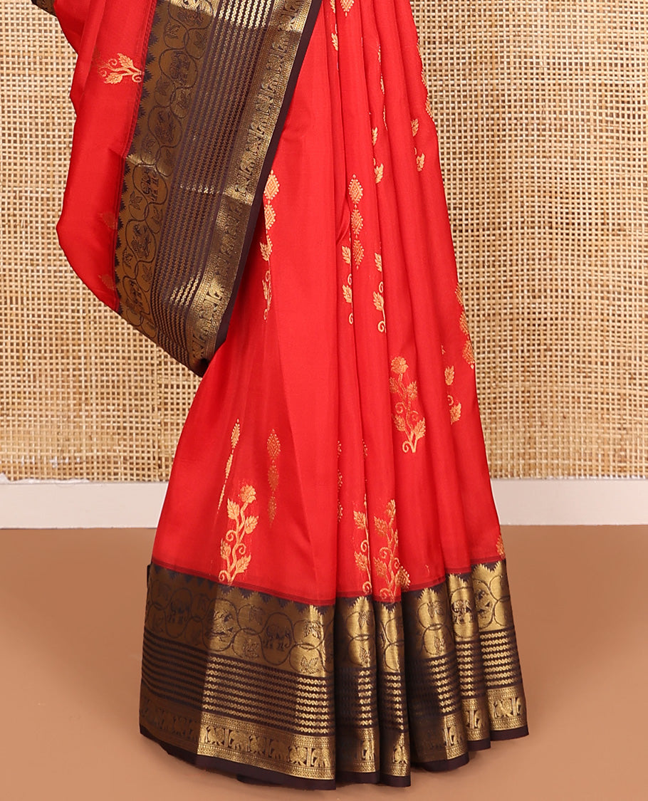 Red zari buttas Vasundhara silk mix saree, contrast border of thazampoo rekku, neli, mayil, and yaanai, and jaal pallu