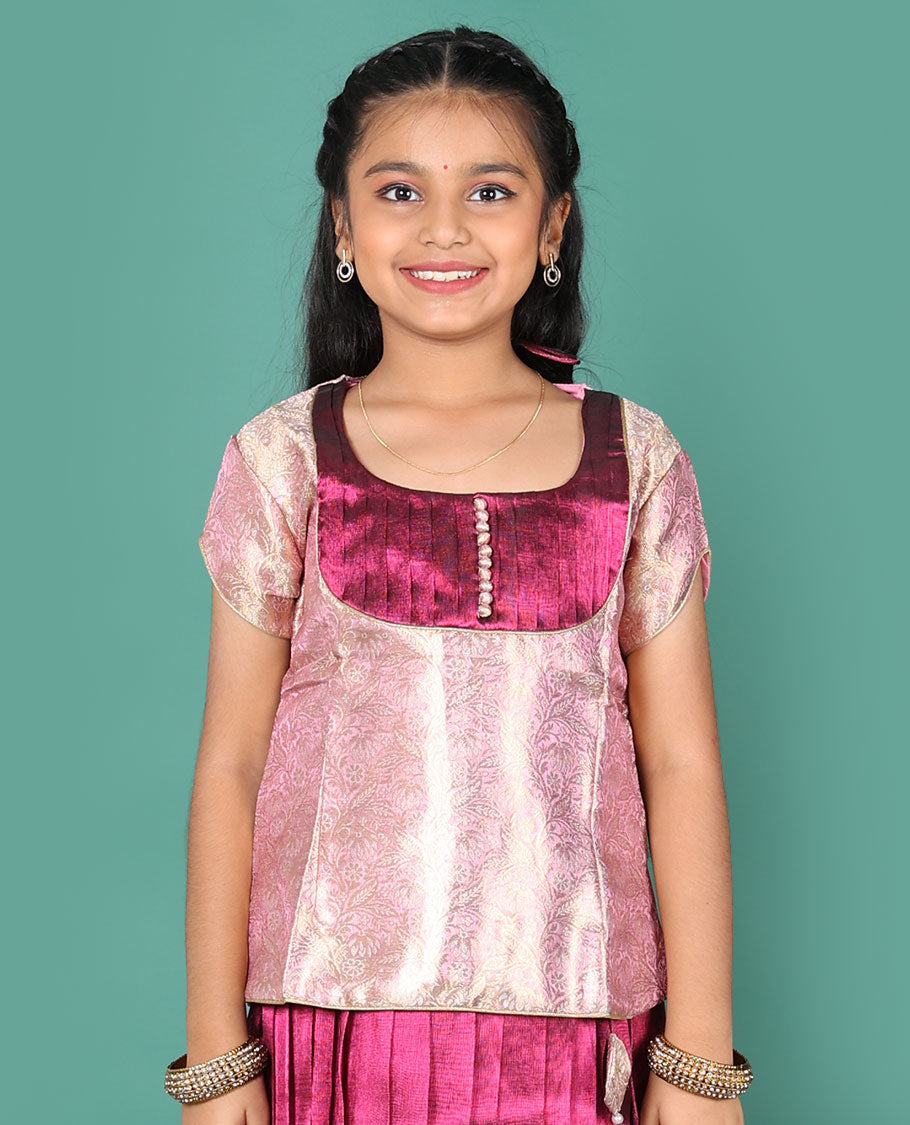 Wine readymade art silk pavadai, contrast traditional zari border skirt & jacquard round neck half-sleeve blouse