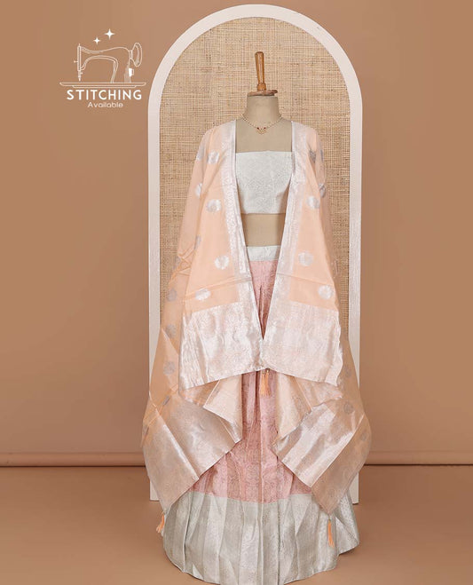 Peach lehenga set, zari jacquard with contrast traditional design border skirt, jacquard stone work blouse, and banarasi zari design dupatta