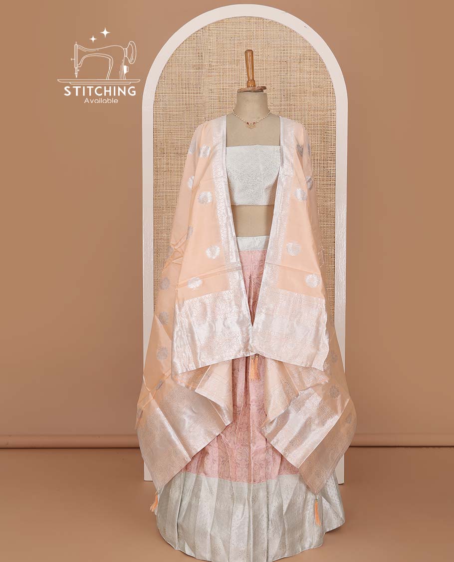 Peach lehenga set, zari jacquard with contrast traditional design border skirt, jacquard stone work blouse, and banarasi zari design dupatta